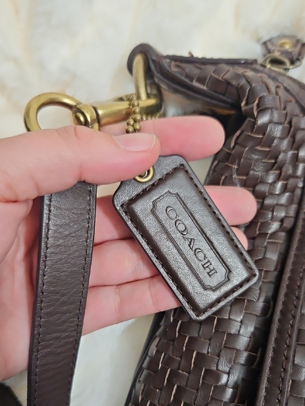 Coach Kristen Woven Leather Crossbody Bag Brown | Turnlock Flap - Picture 7 of 13